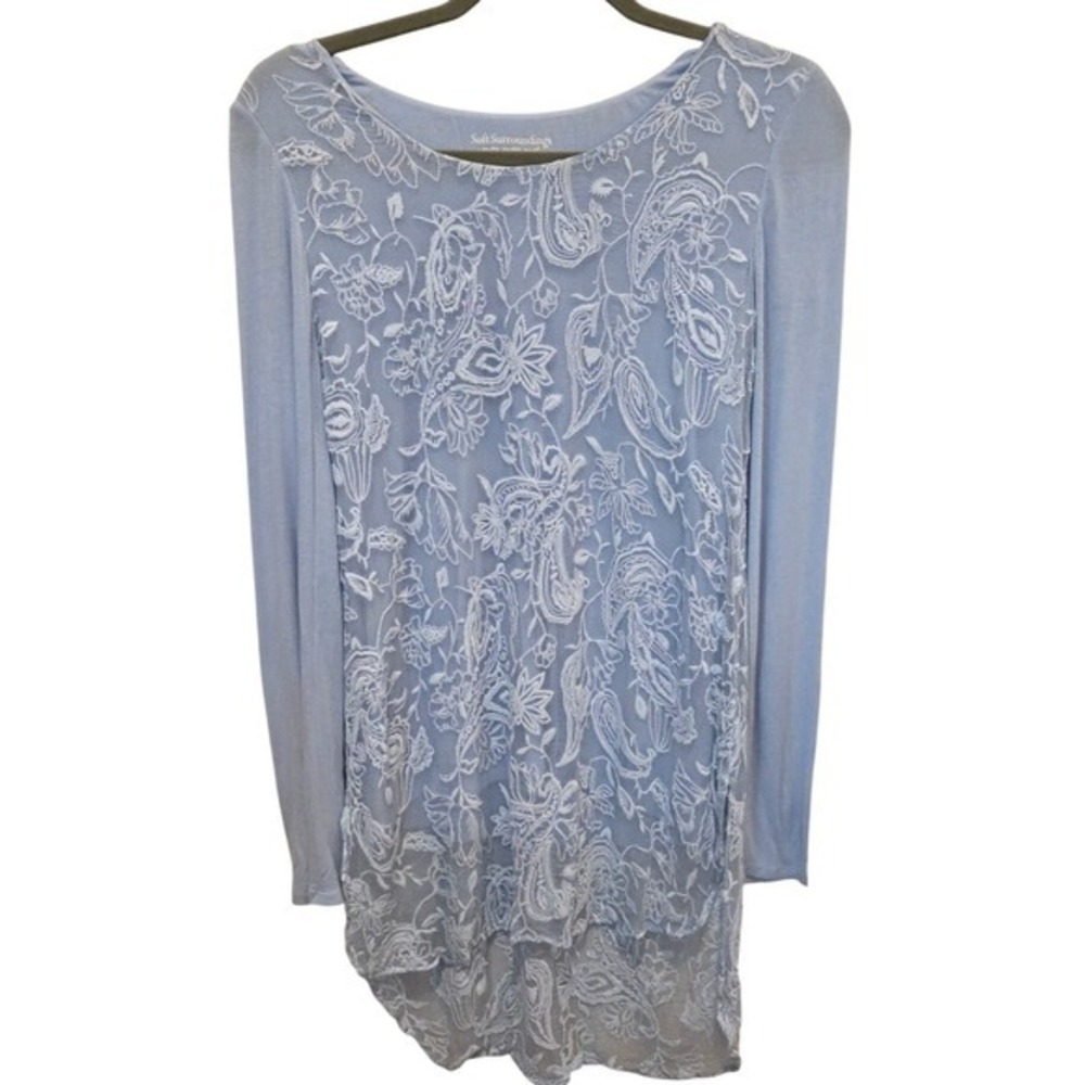 Soft Surroundings Silk Blend Embroidered‎ Tunic Top Ice Blue Ethereal romantic
